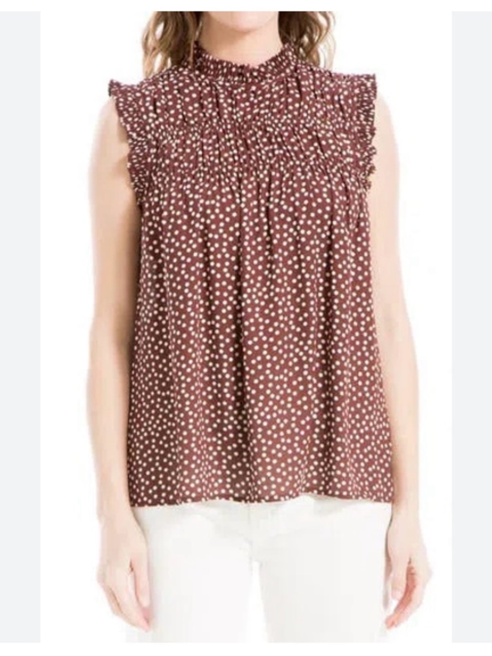 Max Studio Brown Polka Dot Smocked Sleeveless Blouse